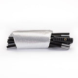 Folded HaloCompact reflector with striped silver surface and black frame