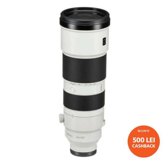 200-600mm f/5.6-6.3 G OSS telephoto lens, white and black body, front glass visible