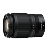 Black 24-200mm f/4-6.3 VR zoom lens angled view, textured barrel and markings