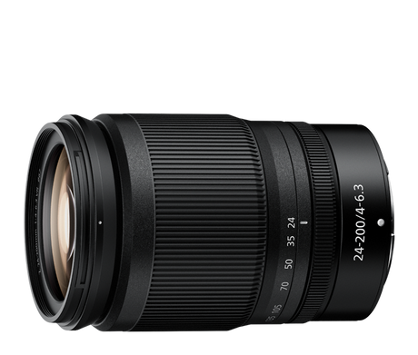 Black 24-200mm f/4-6.3 VR zoom lens angled view, textured barrel and markings