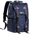 Rucsac foto waterproof albastru, cu bretele maro si catarame metalice, buzunar frontal
