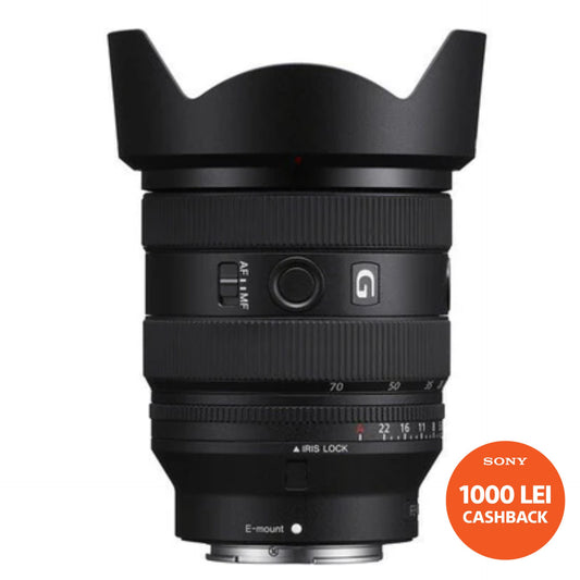 Black Sony FE 20–70mm F4 G zoom lens with front element and zoom rings
