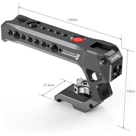 Metal NATO top handle with red record button, side cutouts, and mounting holes