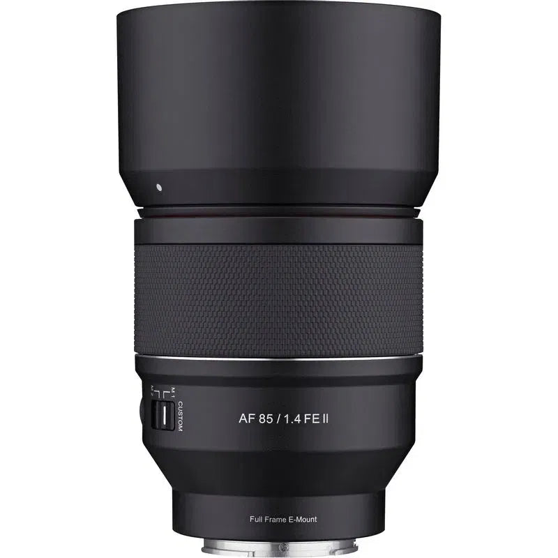 Black AF 85/1.4 FE II lens barrel with textured band and Full Frame E‑Mount