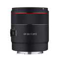 Black Samyang AF 24mm f/1.8 FE mirrorless camera lens with focus/custom buttons