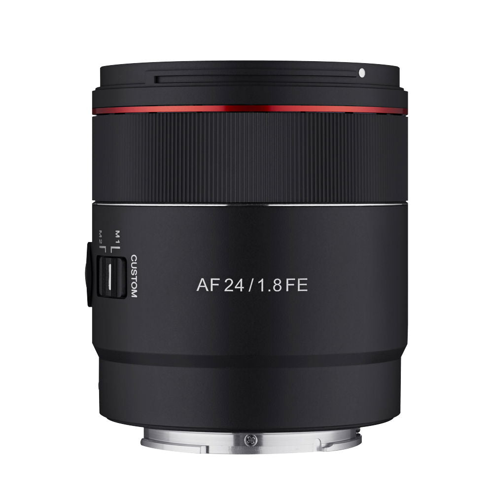 Black Samyang AF 24mm f/1.8 FE mirrorless camera lens with focus/custom buttons