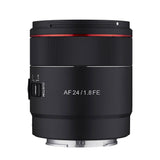 Black Samyang AF 24mm f/1.8 FE mirrorless camera lens with focus/custom buttons