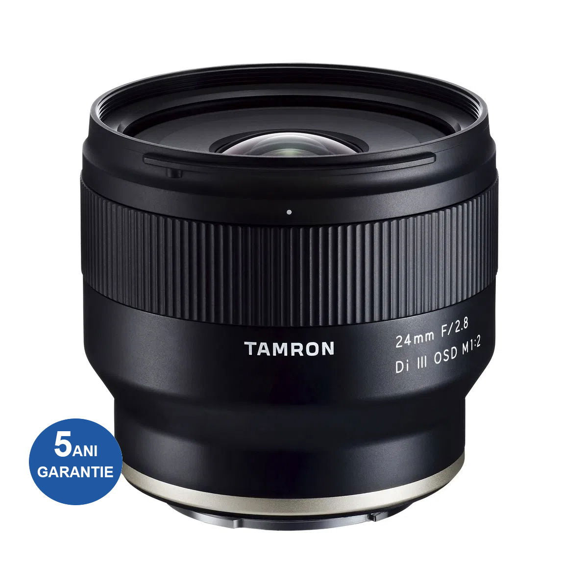 Black Tamron 24mm f/2.8 Di III lens with ribbed grip and front glass