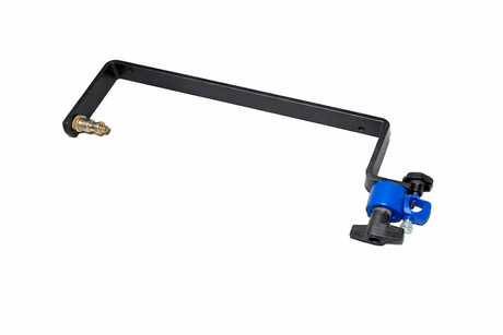 Black flash mounting bracket with blue clamp and adjustment hardware
