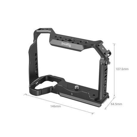 Black full camera cage frame with labeled dimensions, open front and base
