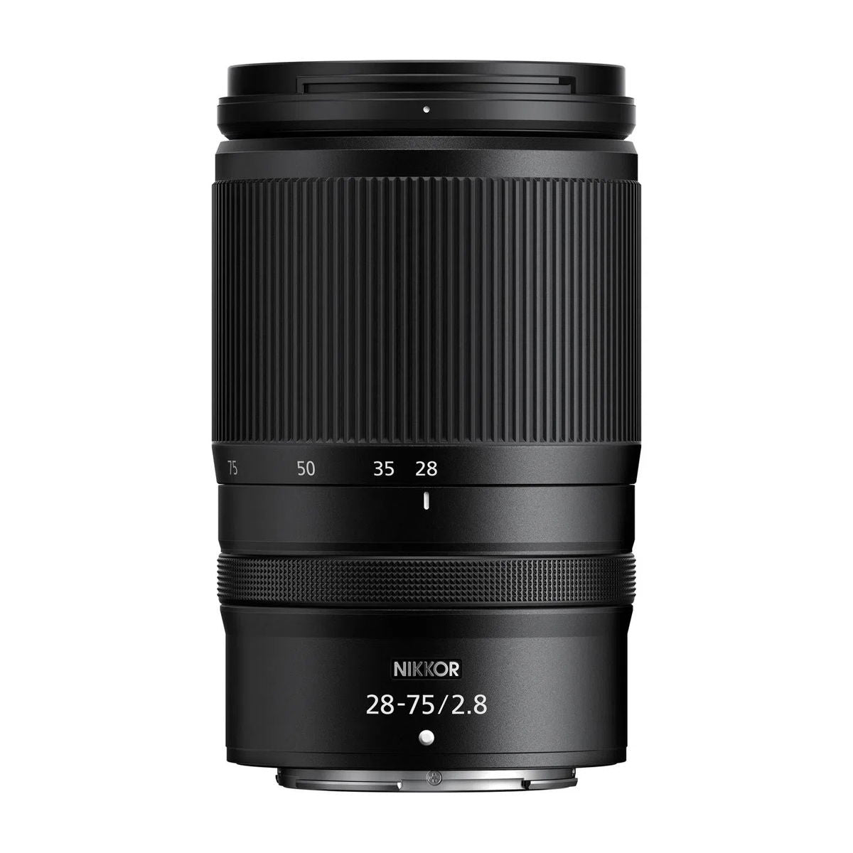 NIKKOR 28-75mm f/2.8 lens angled view, grip ridges and scale markings