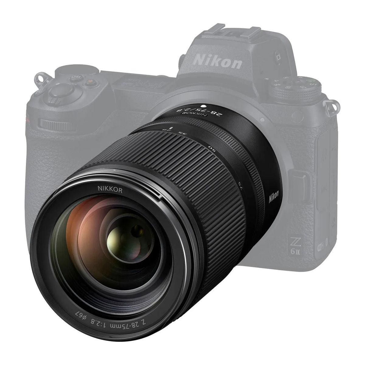 NIKKOR 28-75mm f/2.8 mounted on white mirrorless camera, front view of lens
