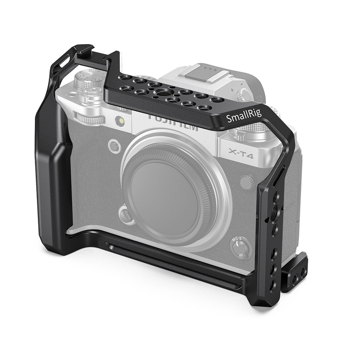 Black camera cage for Fujifilm X-T4 with top handle and multiple mounting holes