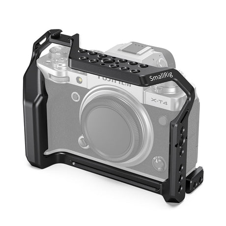 Black camera cage for Fujifilm X-T4 with top handle and multiple mounting holes