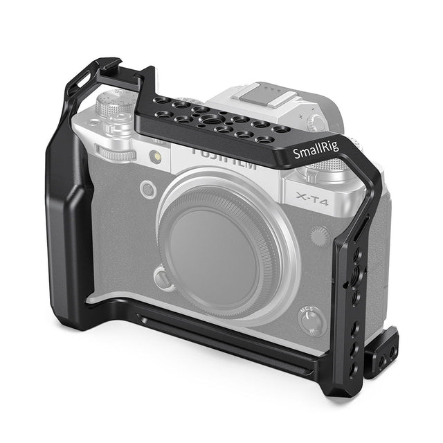 Black camera cage for Fujifilm X-T4 with top handle and multiple mounting holes