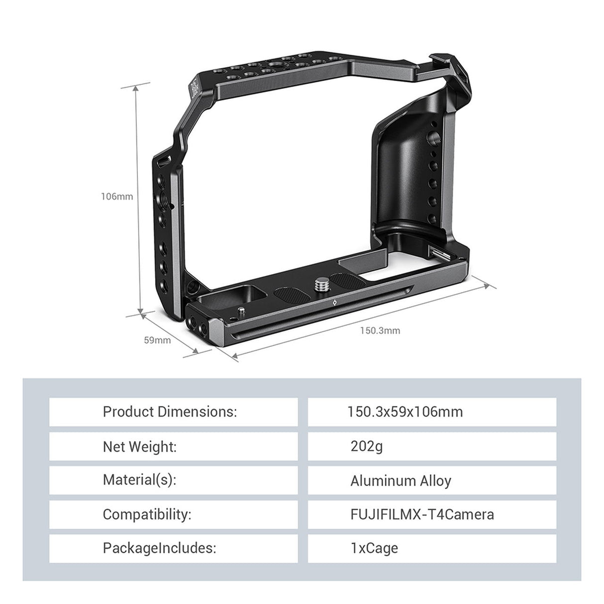 Black aluminum camera cage frame with mounting slots and top handgrip