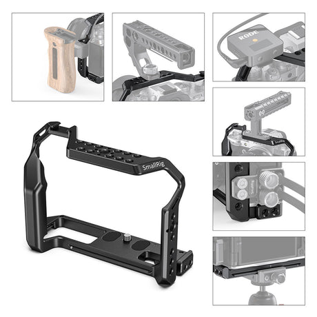 Camera cage accessory with top plate and side rails, showing mounting points