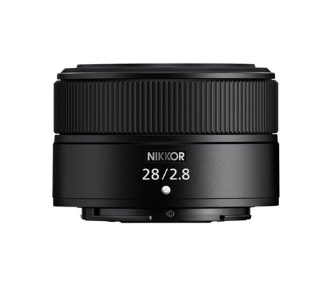 28mm f/2.8 NIKKOR mirrorless lens side/top view, ribbed barrel and mount