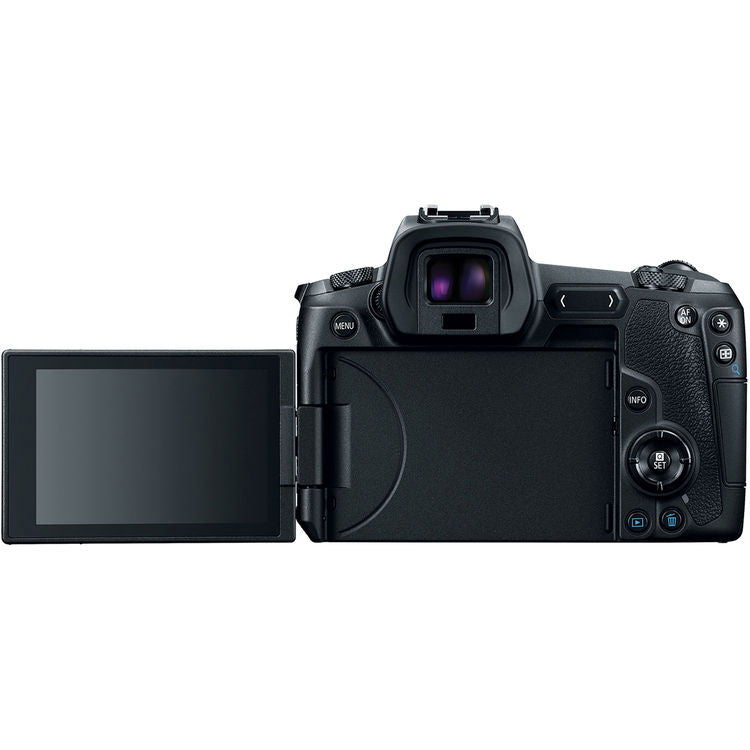 Black mirrorless camera body, side view with tilting LCD and rear controls