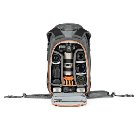 Open grey camera backpack with internal padded compartments for cameras and lenses
