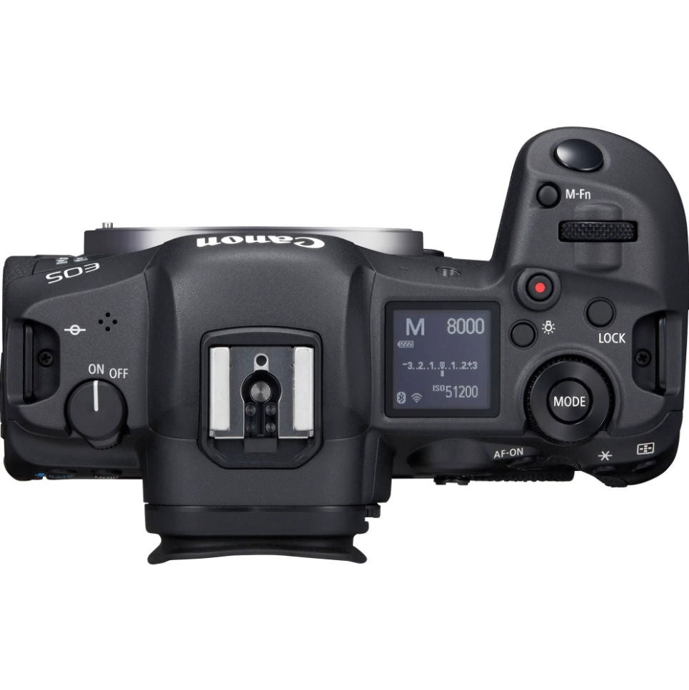 EOS R5 mirrorless camera body, top view with hot shoe and mode dial