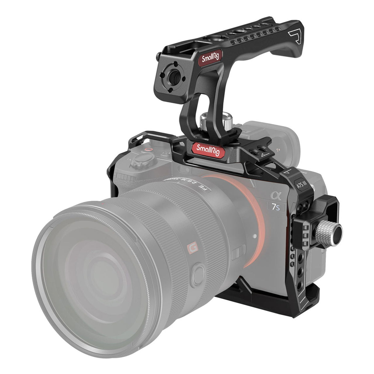 Camera cage kit with long lens support rail for Sony A7S III, top threaded openings