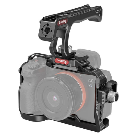 Camera cage kit with top handle for Sony A7S III, side ports and cold-shoe mount