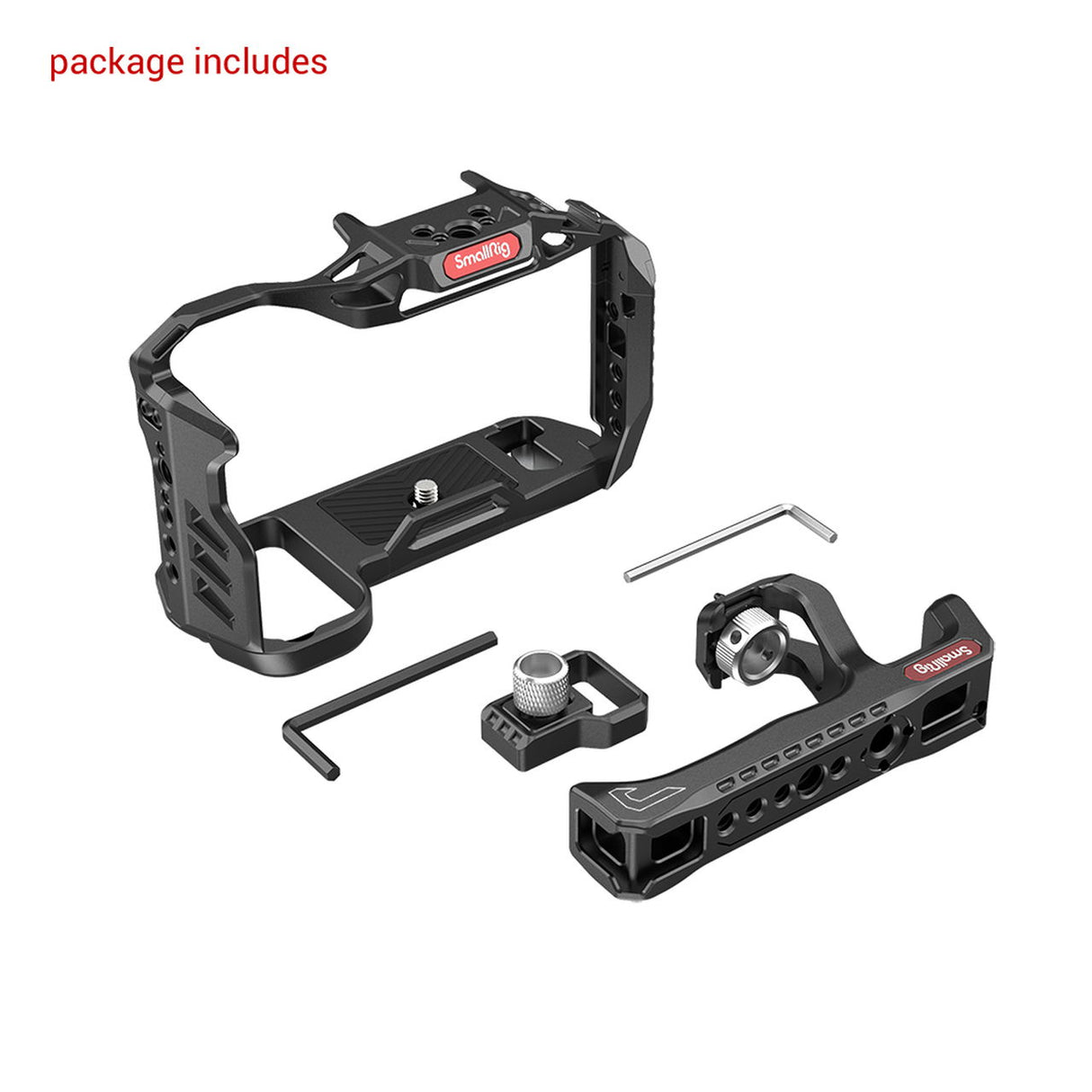 Camera cage kit parts: black frame, mounting rail, screws, and Allen key