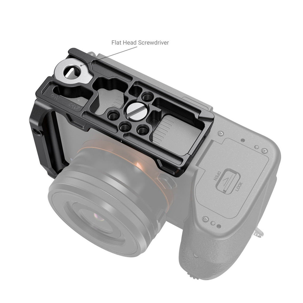 Half cage top plate with threaded holes, mounted on camera, gray/black