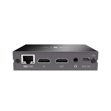 4K HDMI-NDI converter rear panel showing NDI PoE, HDMI IN/OUT, and DC power ports