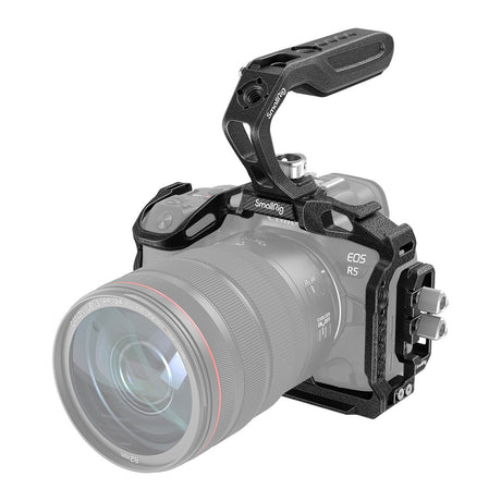 Black camera cage rig for EOS R5/R6, top handle and side mounting slots