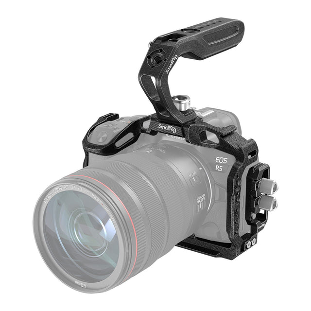 Black camera cage rig for EOS R5/R6, top handle and side mounting slots