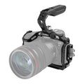 Black camera cage kit with top handle and side mounting plate for EOS mirrorless