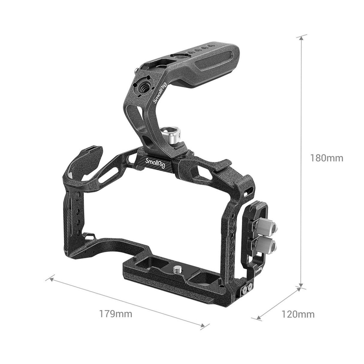 Black camera cage frame with top handle and side brackets, showing mounting openings