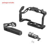 Black camera cage kit parts: main frame, handle piece, and mounting screws