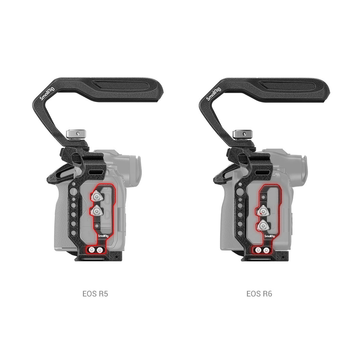 Camera cage for EOS R5 and EOS R6, side-by-side showing matching mounts