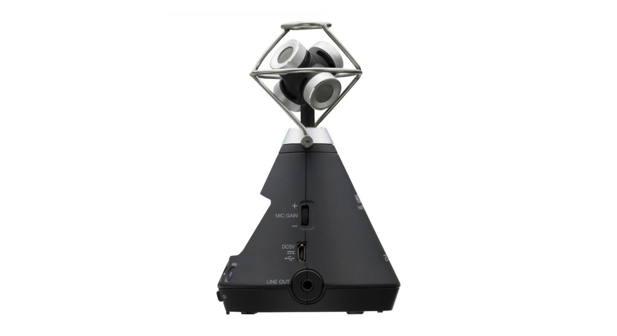 Zoom H3-VR recorder VR negru, vedere laterală cu porturi și comutator
