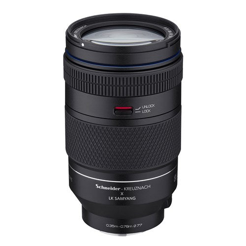 Obiectiv zoom Samyang, spate cu comutator UNLOCK/LOCK și contact metalic, montură Sony E
