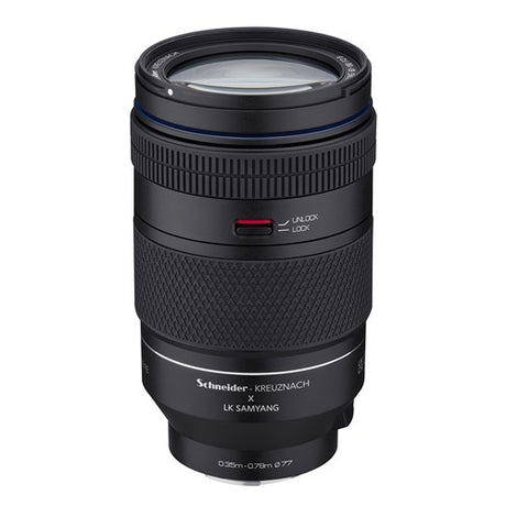 Obiectiv zoom Samyang, spate cu comutator UNLOCK/LOCK și contact metalic, montură Sony E