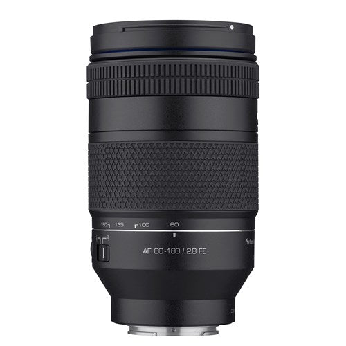 Obiectiv tele zoom Samyang AF 60-180mm, carcasă neagră cu inele de focalizare și scară