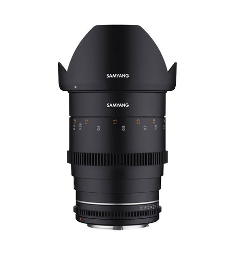 Black 35mm T1.5 manual focus lens for Micro Four Thirds, front with hood