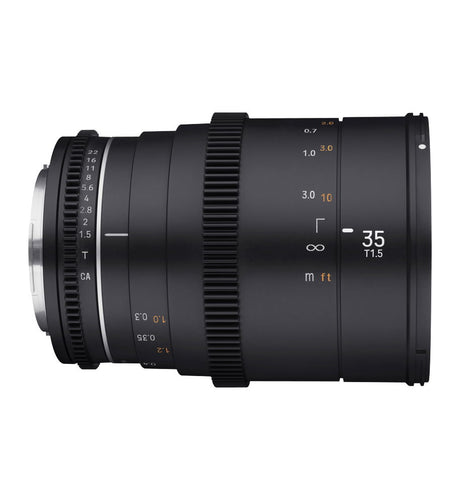 Black 35mm T1.5 lens side view showing aperture scale and focus distance ring