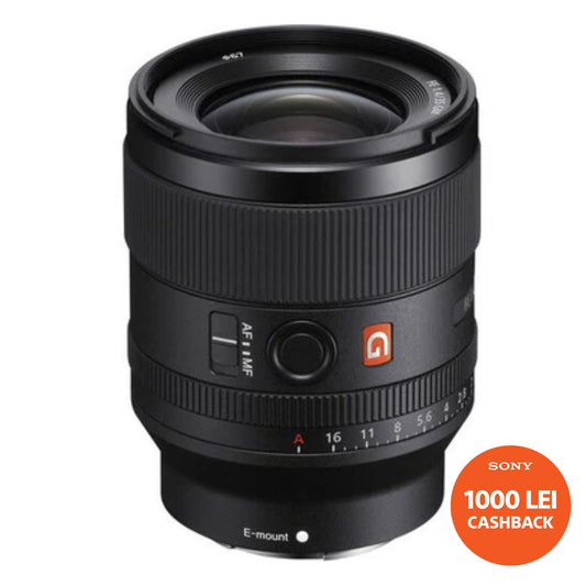 Black Sony E-mount 35mm f/1.4 G Master lens with aperture and focus markings