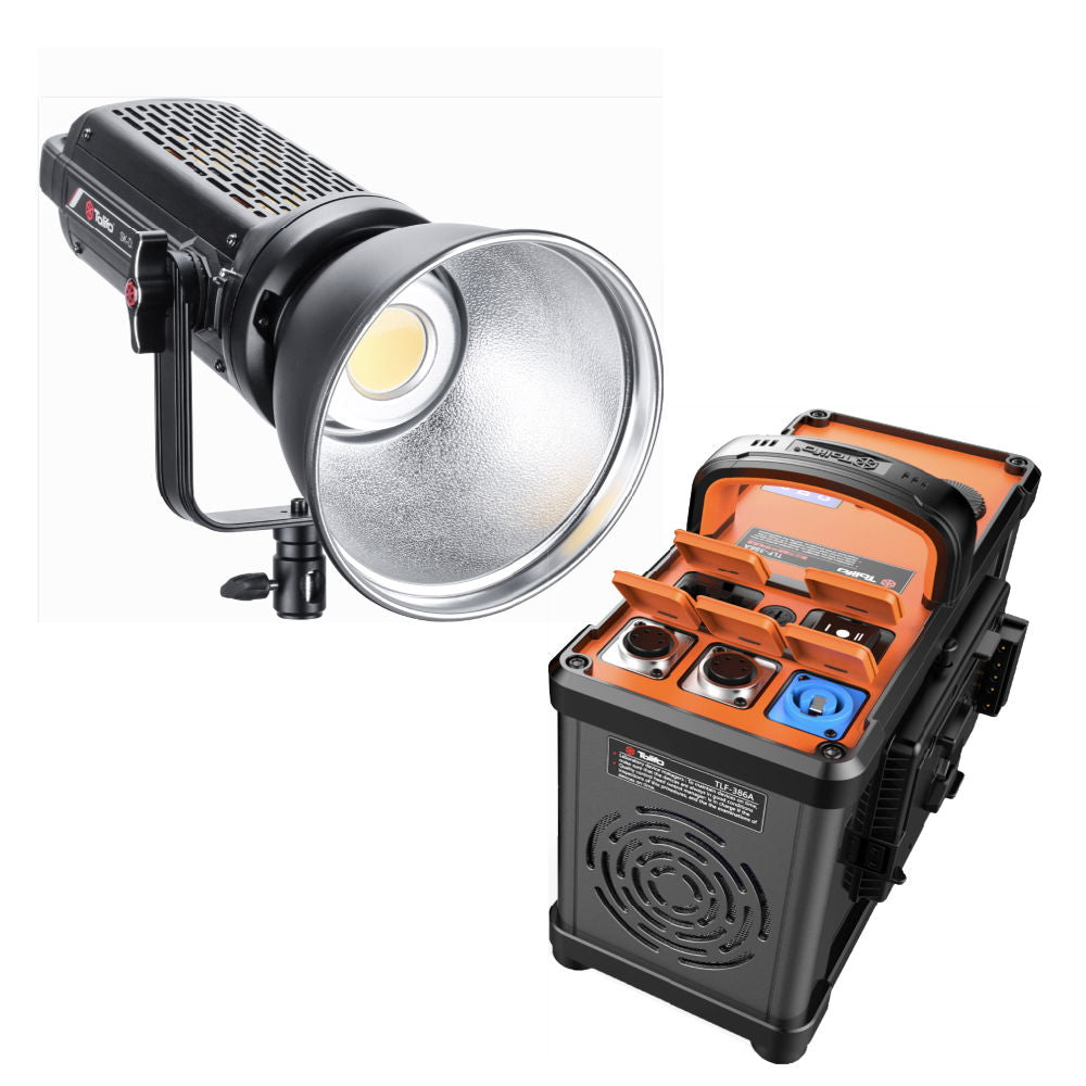 Proiector LED portabil Tolifo SK-D3500SL, carcasă neagră, reflector argintiu, suport.