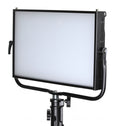 LED panel light with black frame and side ports, mounted on adjustable stand