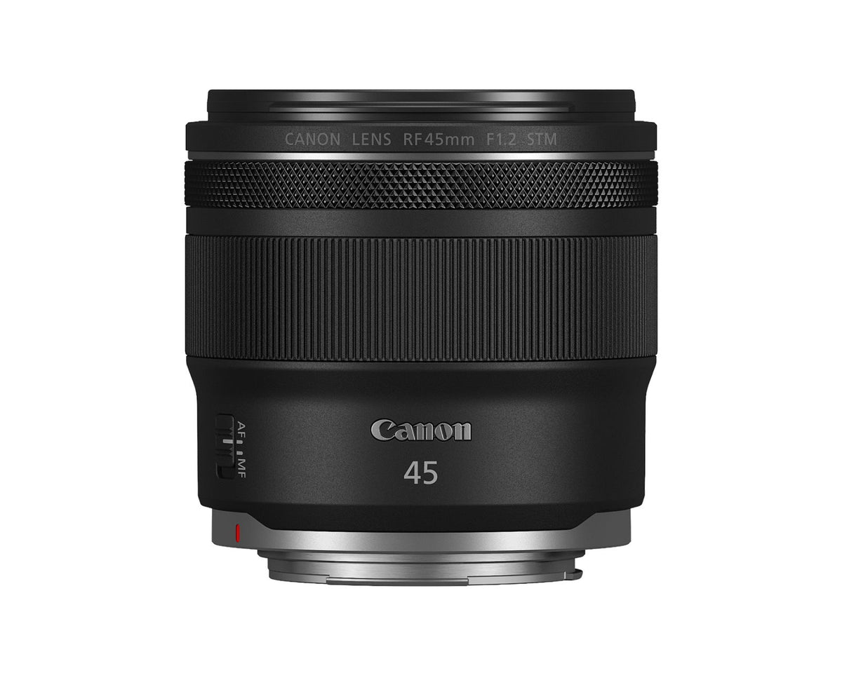 Obiectiv Canon RF 45mm F1.2 STM, vedere frontală, negru, cu inel texturat