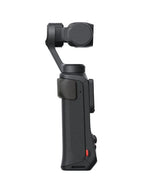 Cameră gimbal Insta360, vedere laterală cu butoane și suport pliabil, neagră