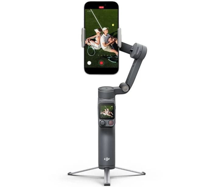 Smartphone mounted on gimbal stabilizer with live preview on screen