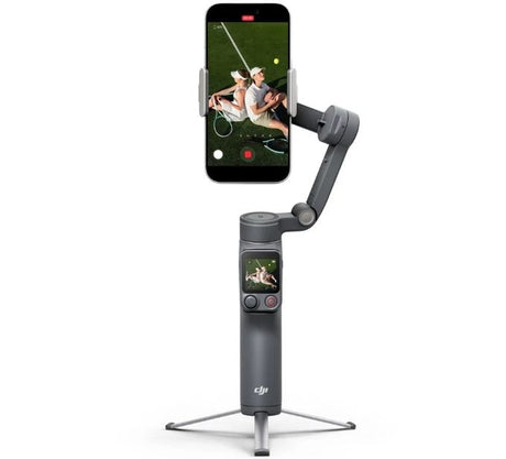 Smartphone mounted on gimbal stabilizer with live preview on screen