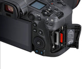 EOS R5 mirrorless camera body, side view with open card slot door